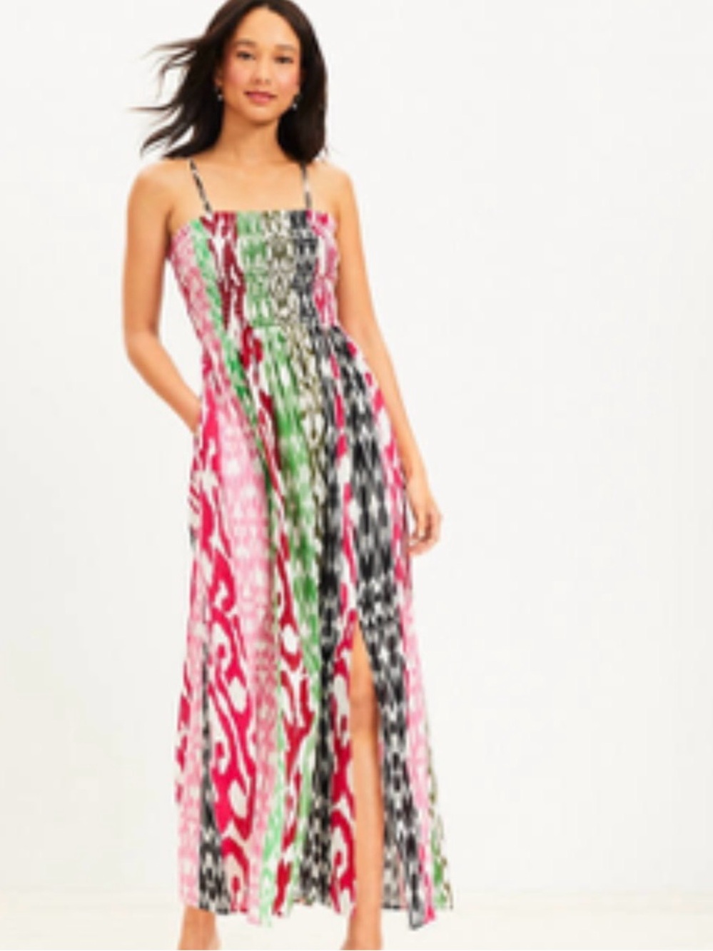 LOFT Multi-Color Striped Ikat Smocked Maxi Dress